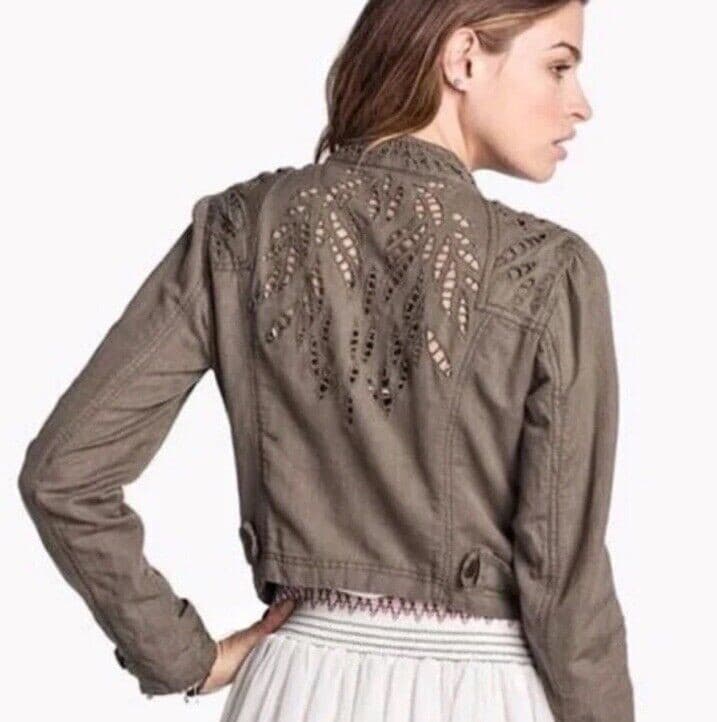 Free People Linen Blend Eyelet Embroidered Crop Biker Jacket Zip Green Womens 10 - Thumbnail 9