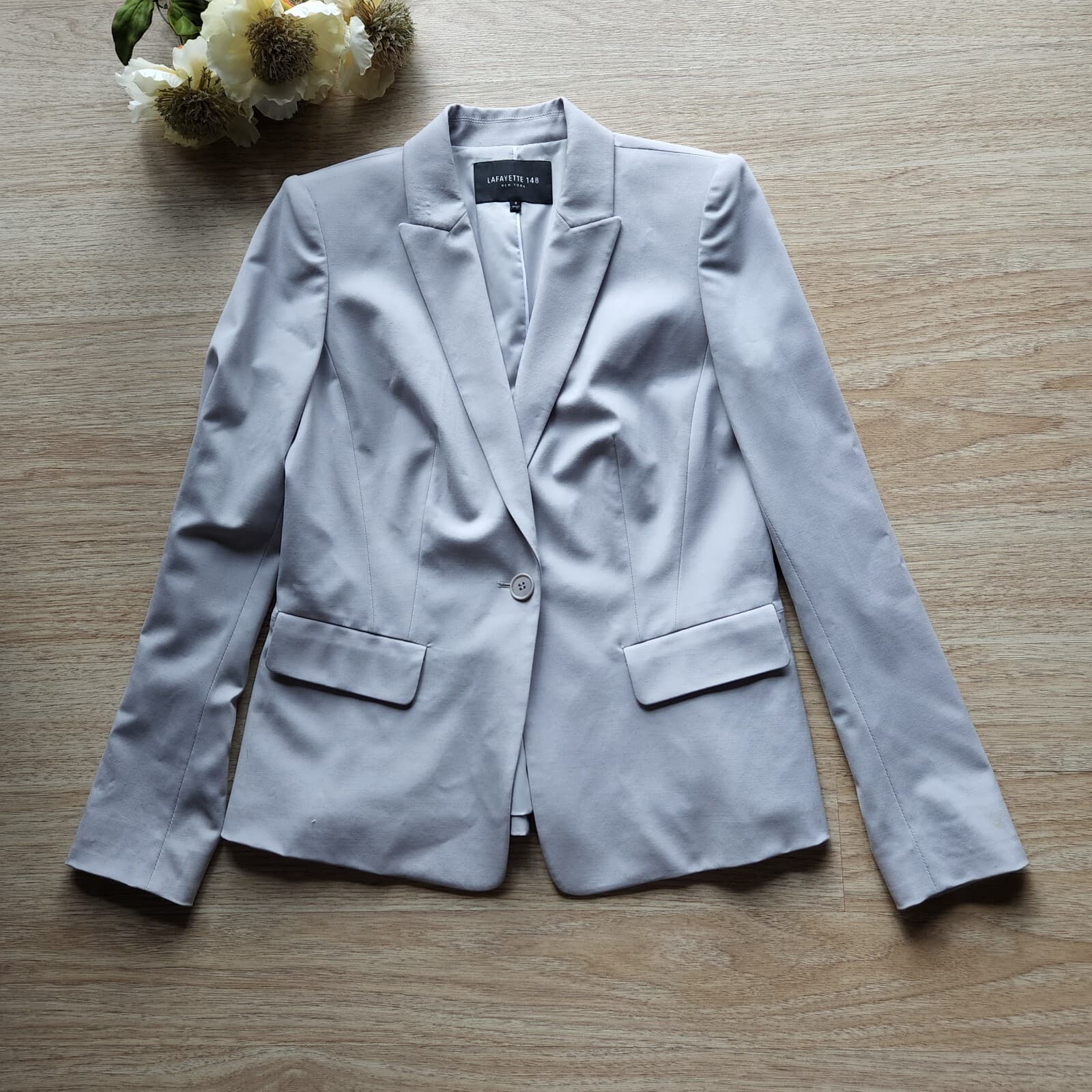 LAFAYETTE 148 NY Wool Blend One-Button Blazer Pocket Stretch Grey Women Sz.4 - Thumbnail 2
