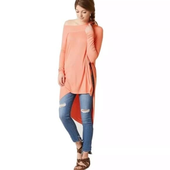 NWT Free People Grapevine Rip Knit Hi Low Top Cowl Neck Long Sleeve Coral XS $68 - Thumbnail 3