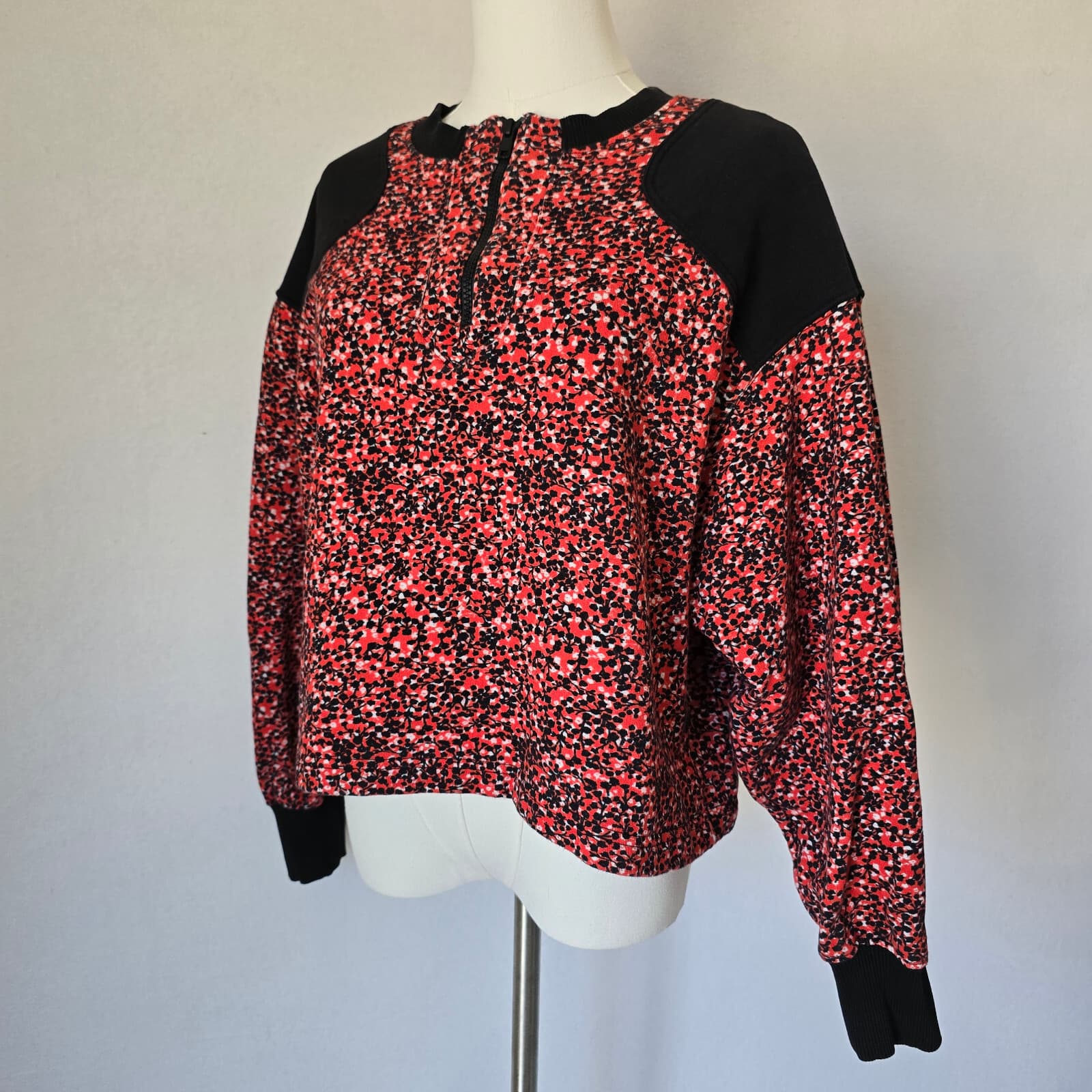 REBECCA MINKOFF Sara Floral French Terry Sweatshirt Half-Zip Red Black Women's M - Thumbnail 2