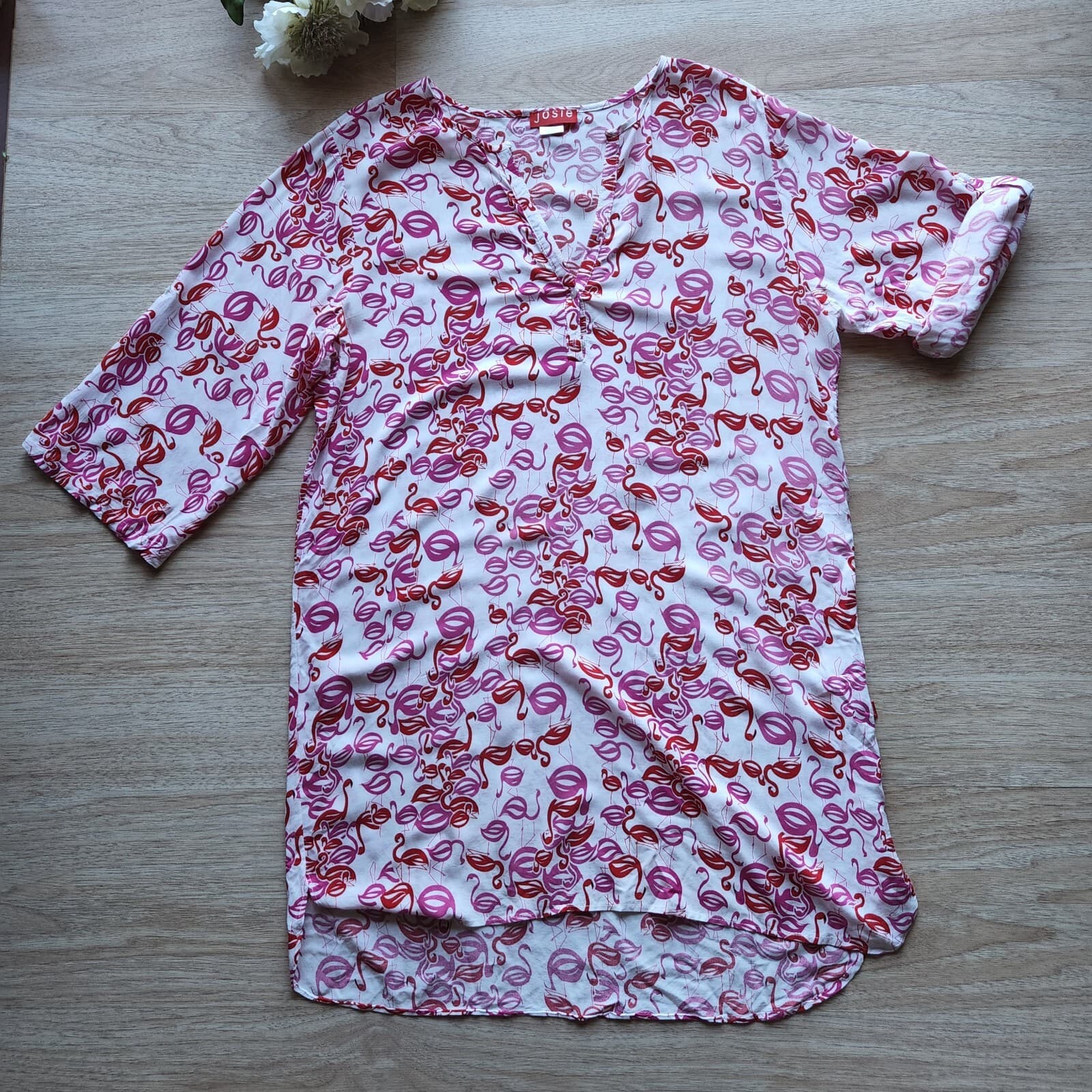 Josie Natori Flamingo Popover Sleepshirt 3/4 Roll Tap Sleeve Rayon Pink Women XL - Thumbnail 5