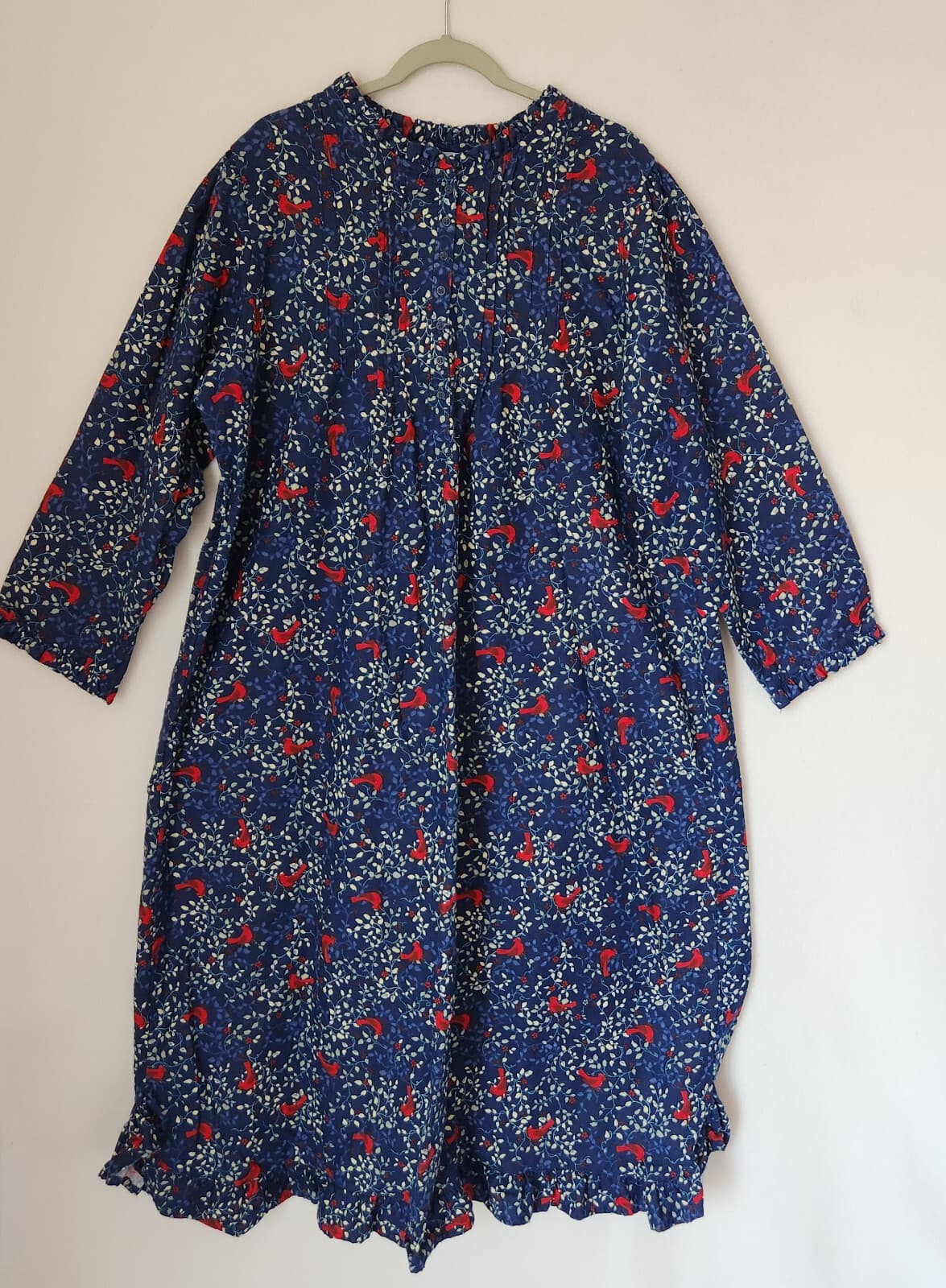 NWoT Only Necessities Bird Floral Flannel Pintuck Maxi Nightgown Cottage Blue 1X - Thumbnail 3