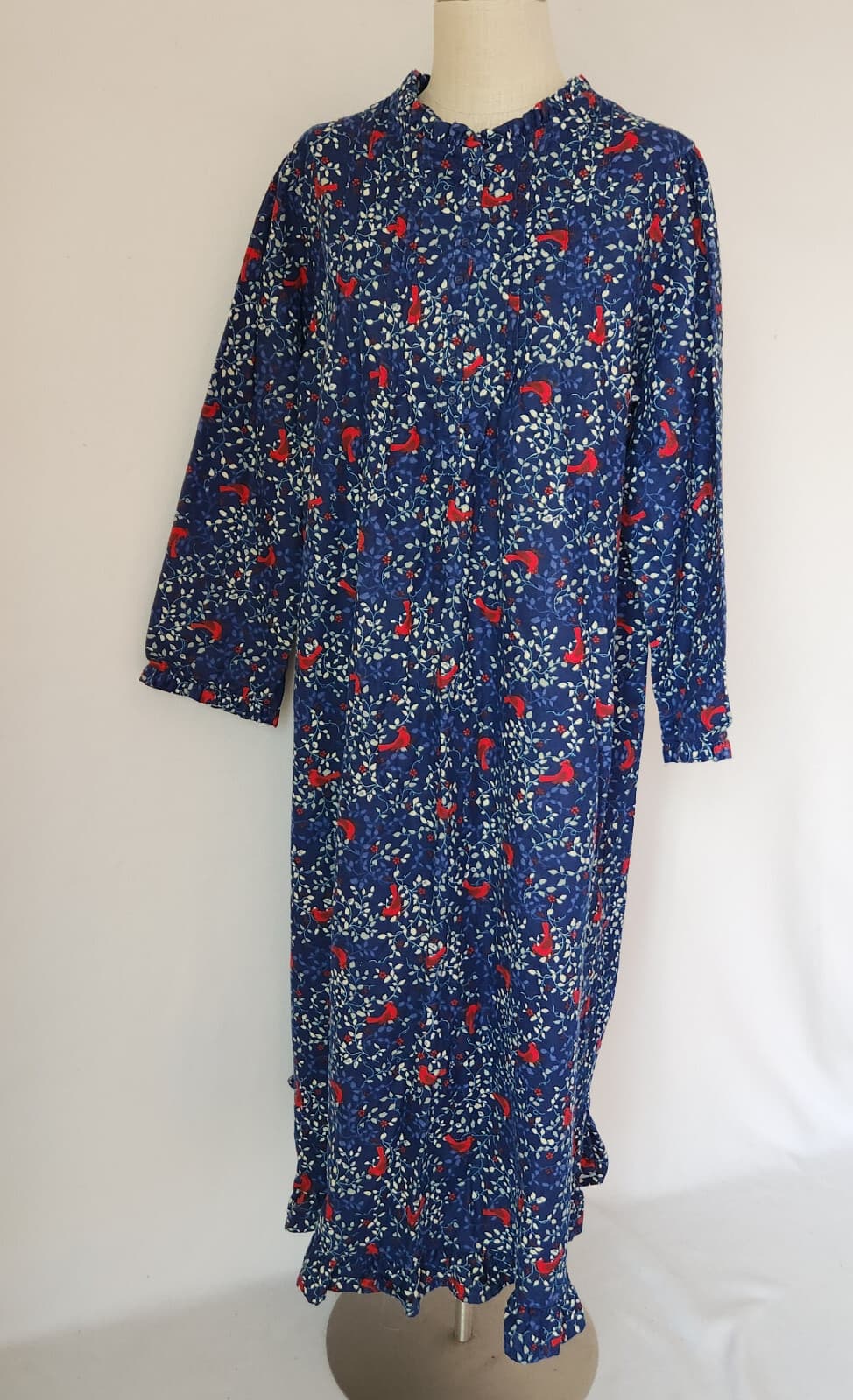 NWoT Only Necessities Bird Floral Flannel Pintuck Maxi Nightgown Cottage Blue 1X - Thumbnail 4