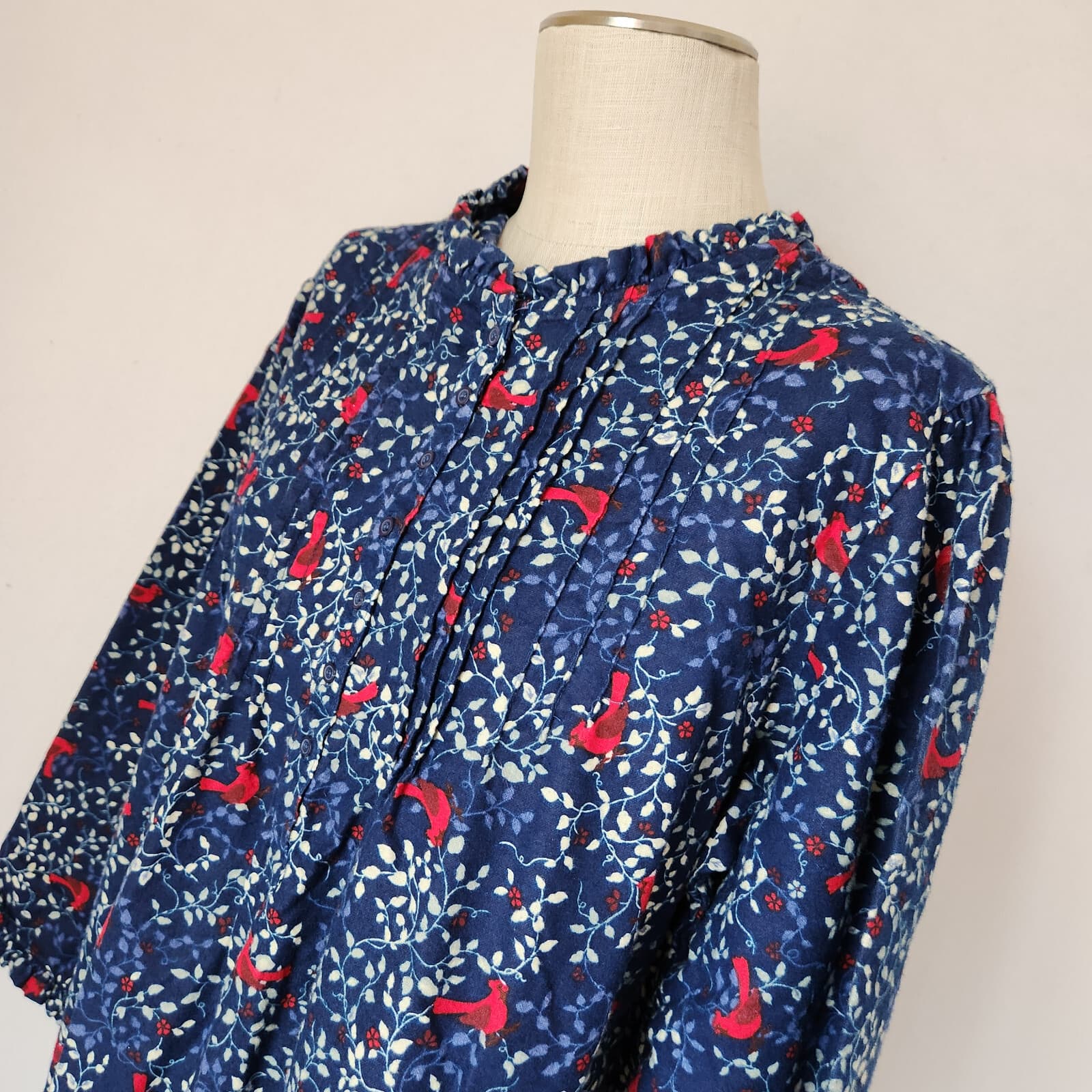 NWoT Only Necessities Bird Floral Flannel Pintuck Maxi Nightgown Cottage Blue 1X - Thumbnail 5