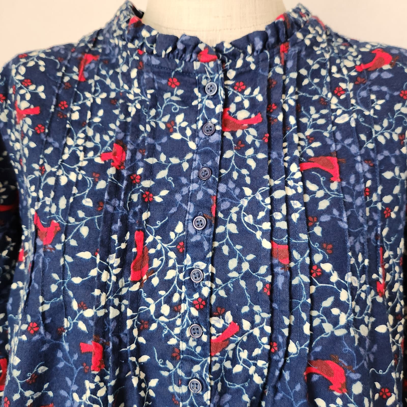 NWoT Only Necessities Bird Floral Flannel Pintuck Maxi Nightgown Cottage Blue 1X - Thumbnail 6