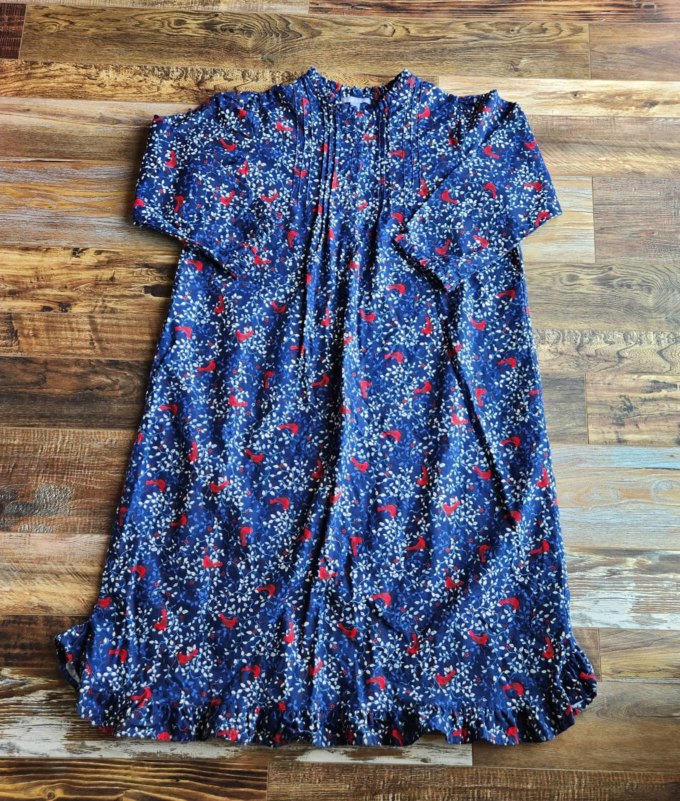NWoT Only Necessities Bird Floral Flannel Pintuck Maxi Nightgown Cottage Blue 1X - Thumbnail 9