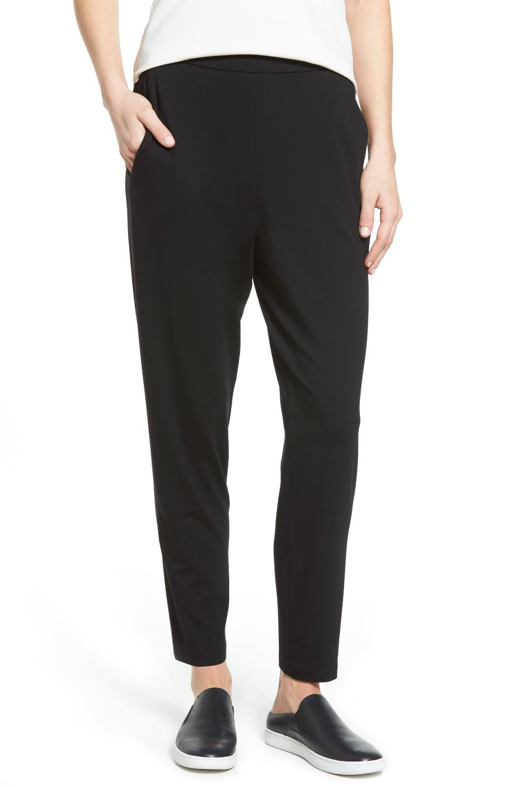 EILEEN FISHER Knit Slim Leg Ankle Pants Elastic Waist Pull-On Pocket Black Sz.M - Thumbnail 2