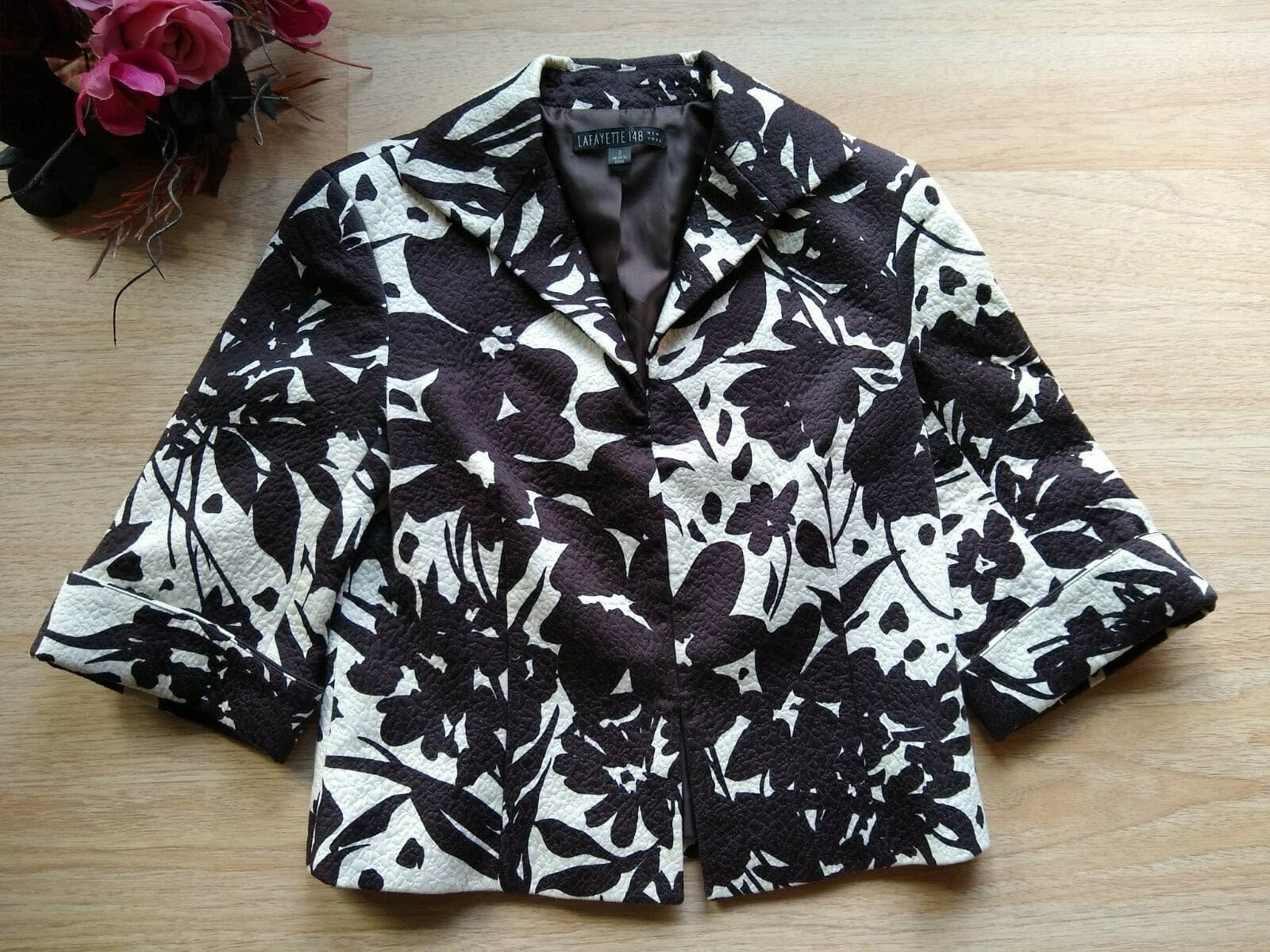 LAFAYETT 148 NY Cotton Jacket Blazer 3/4Sleeve Hook Floral Lined Brown Cream 2 - Thumbnail 2