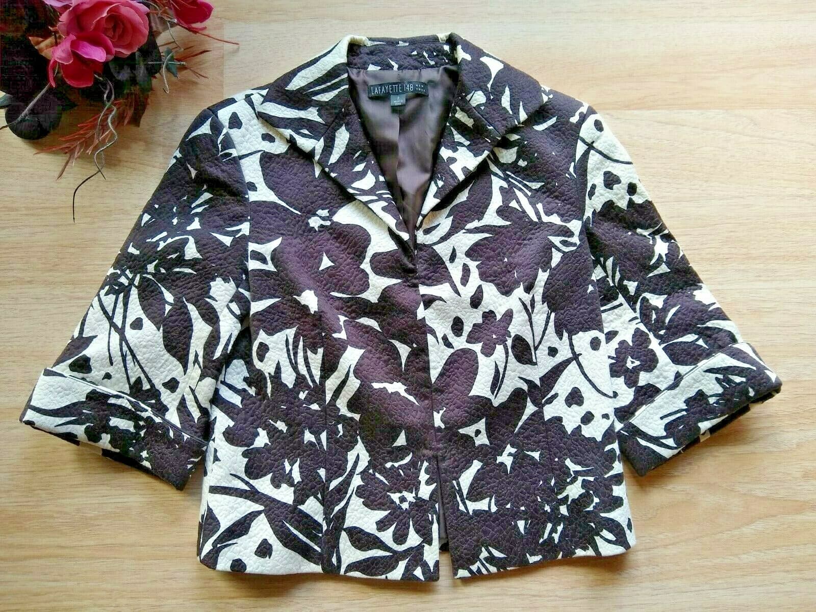 LAFAYETT 148 NY Cotton Jacket Blazer 3/4Sleeve Hook Floral Lined Brown Cream 2 - Thumbnail 3