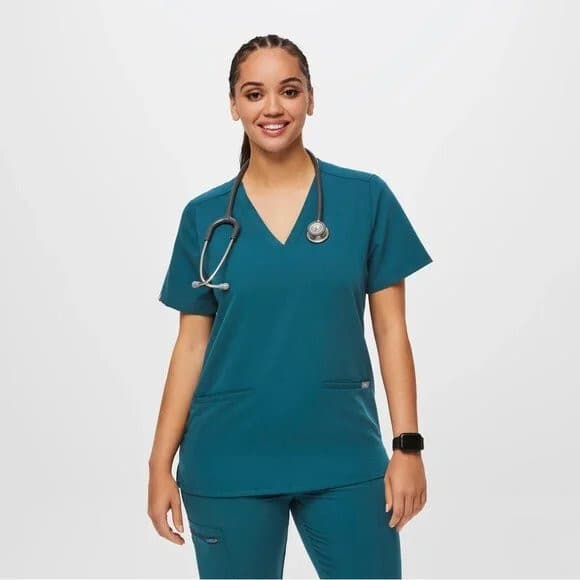 FIGS Technical Collection Casma 3 Pocket Scrub Top Short Sleeve Blue Green-ish S - Thumbnail 2
