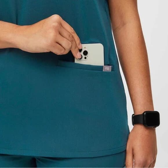 FIGS Technical Collection Casma 3 Pocket Scrub Top Short Sleeve Blue Green-ish S - Thumbnail 4