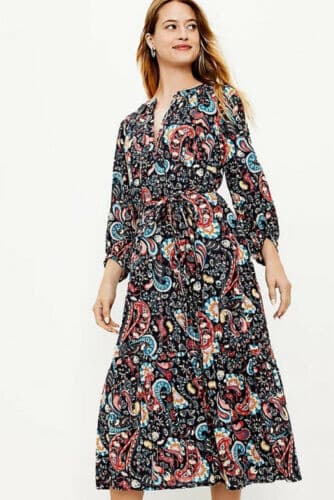 Loft Women's S Shimmer Paisley Tiered Boho Midi Dress Long Sleeve Multicolor - Thumbnail 4