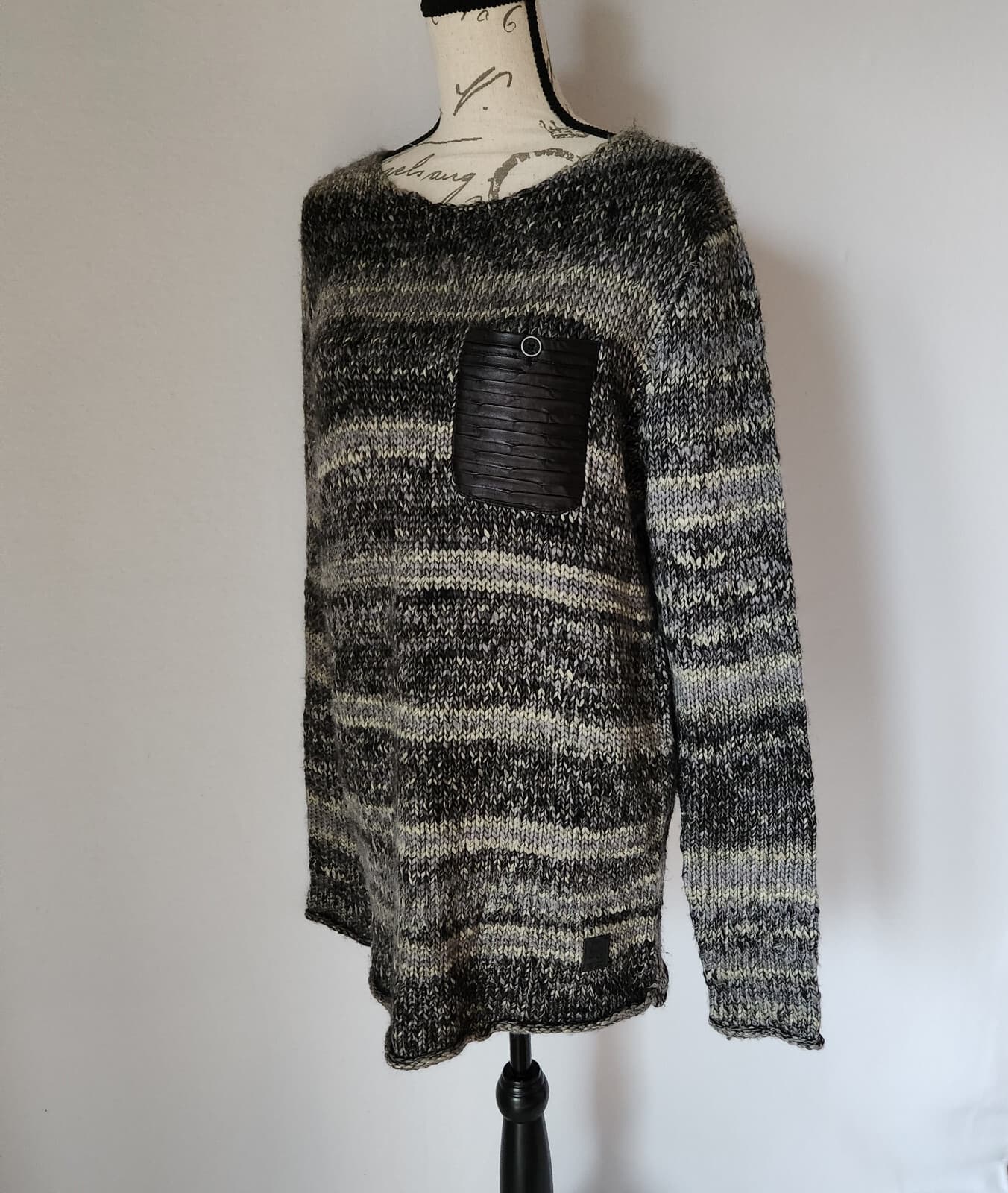 Anerkjendt Denmark Wool Blend Crew Neck Sweater Leather Pocket Grey Black Men L - Thumbnail 3