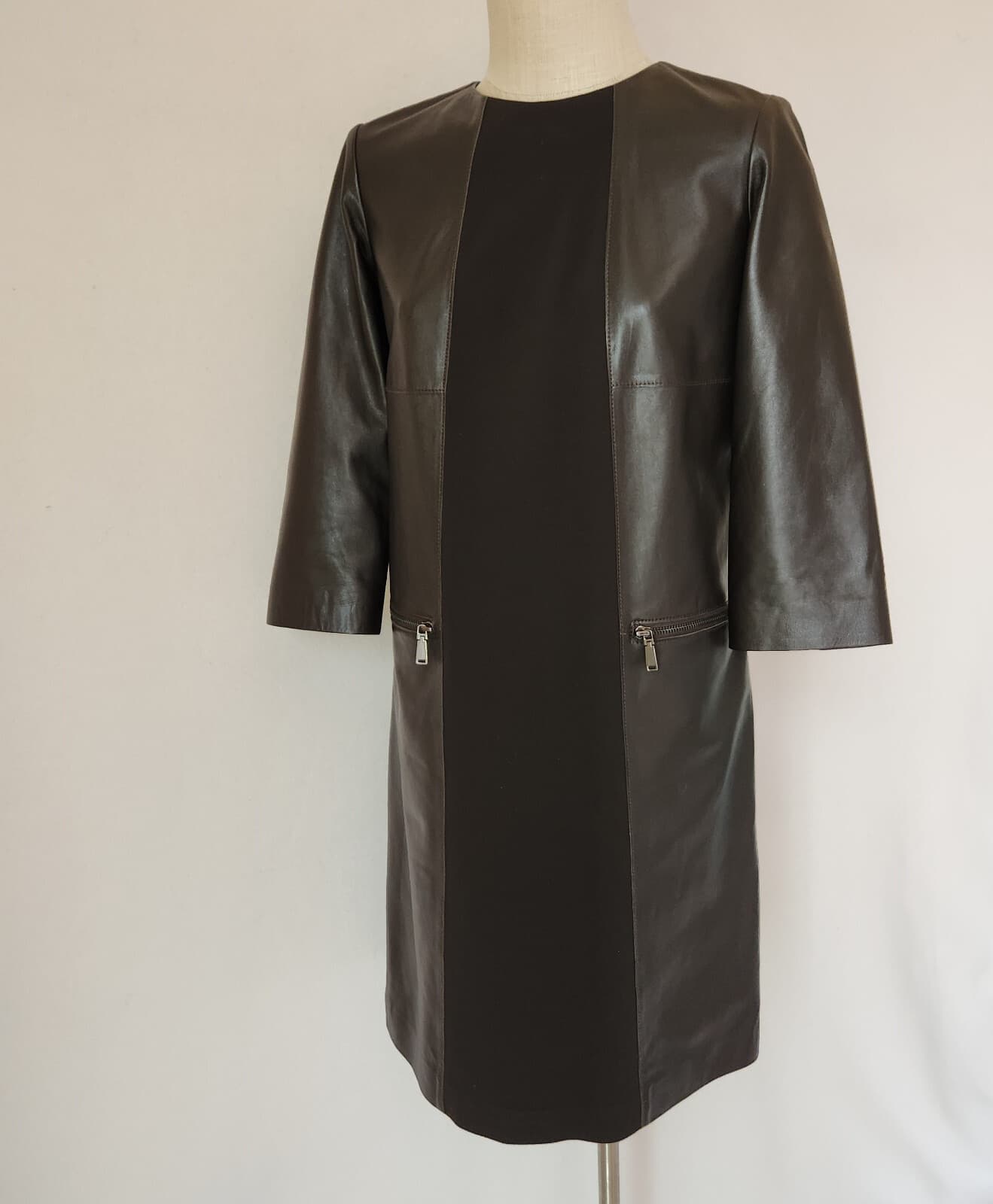 WORTH New York Genuine Leather Ponte Shift Dress 3/4 Sleeve Pocket Brown Size 6