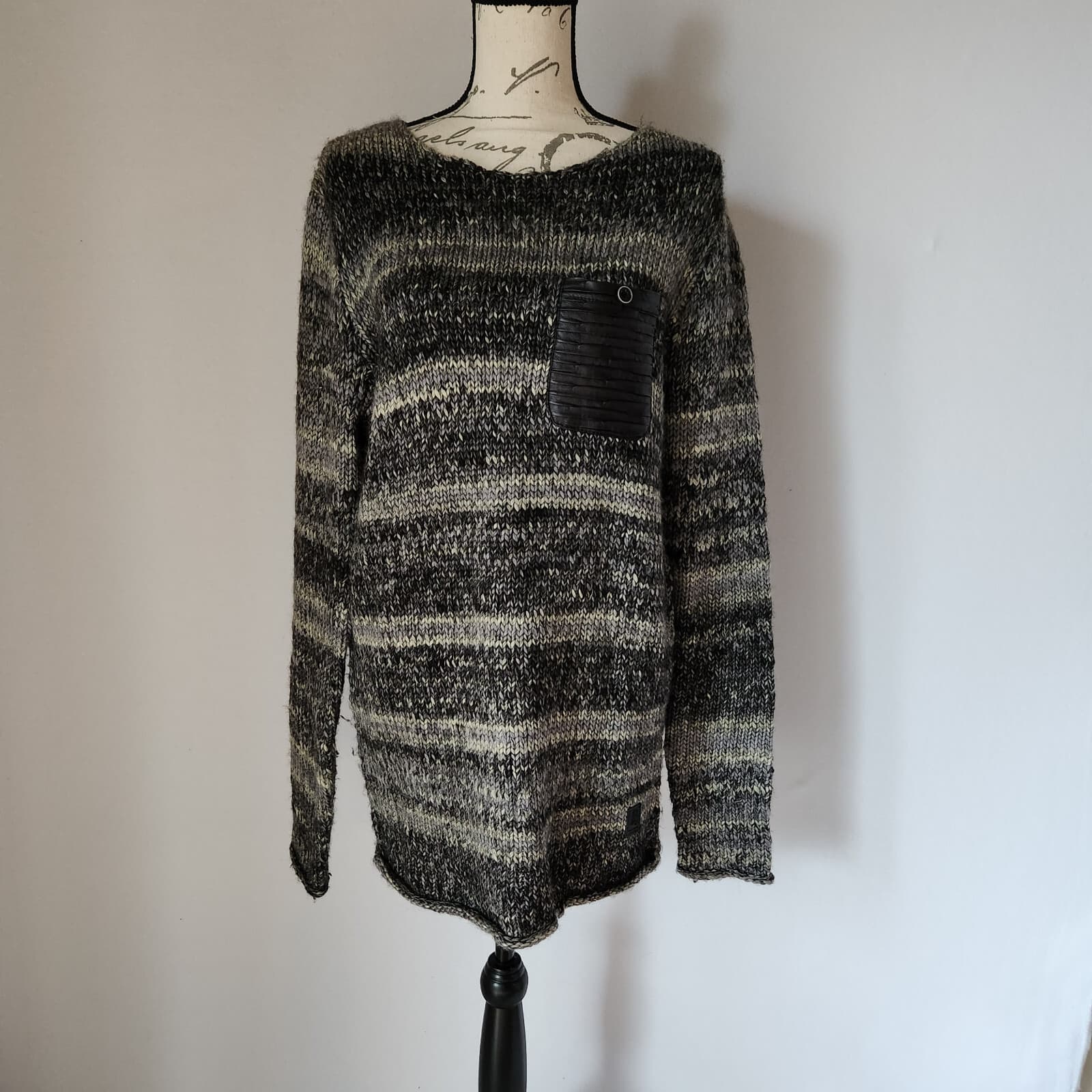 Anerkjendt Denmark Wool Blend Crew Neck Sweater Leather Pocket Grey Black Men L - Thumbnail 2