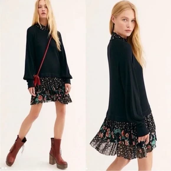 Free People Opposites Attract Mini Dress Long Sleeve Floral Mesh-Hem Black Sz.L - Thumbnail 2