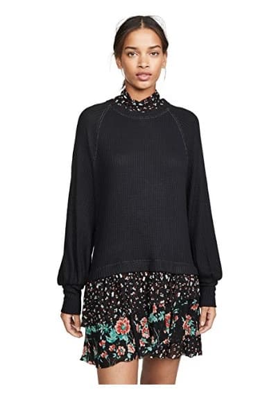Free People Opposites Attract Mini Dress Long Sleeve Floral Mesh-Hem Black Sz.L - Thumbnail 4