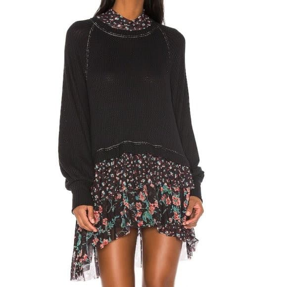 Free People Opposites Attract Mini Dress Long Sleeve Floral Mesh-Hem Black Sz.L - Thumbnail 6