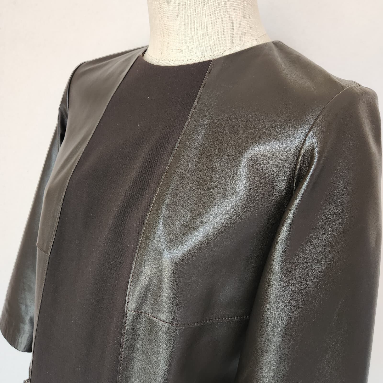WORTH New York Genuine Leather Ponte Shift Dress 3/4 Sleeve Pocket Brown Size 6 - Thumbnail 3