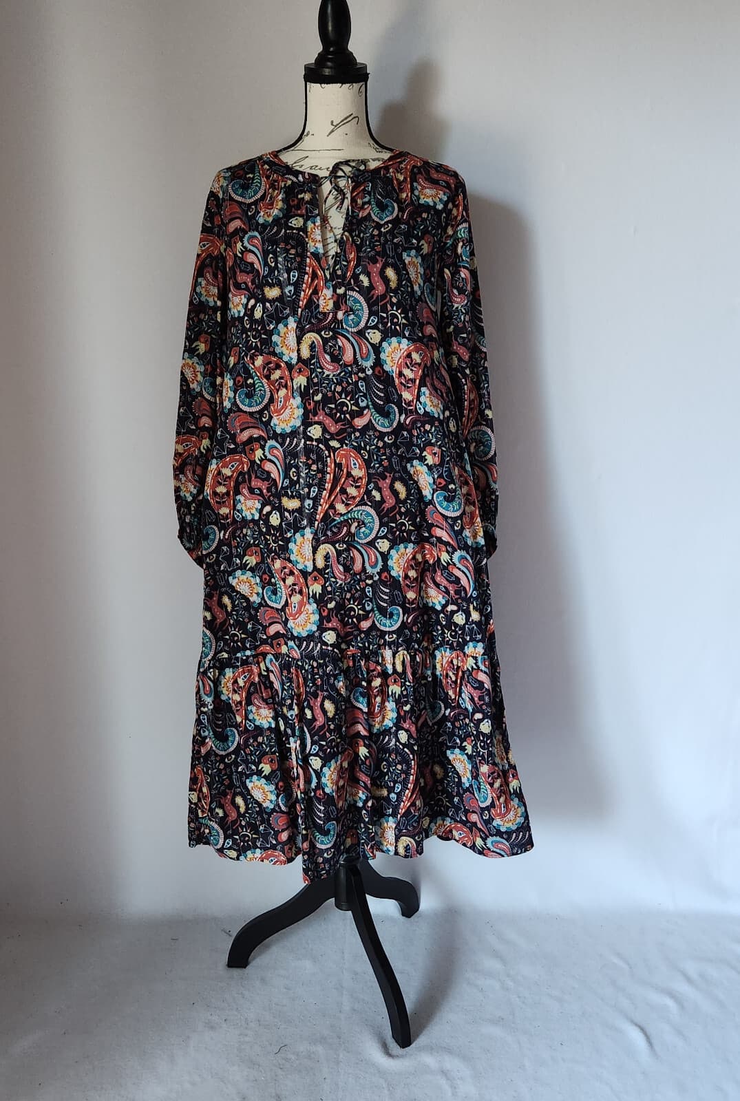 Loft Women's S Shimmer Paisley Tiered Boho Midi Dress Long Sleeve Multicolor - Thumbnail 3