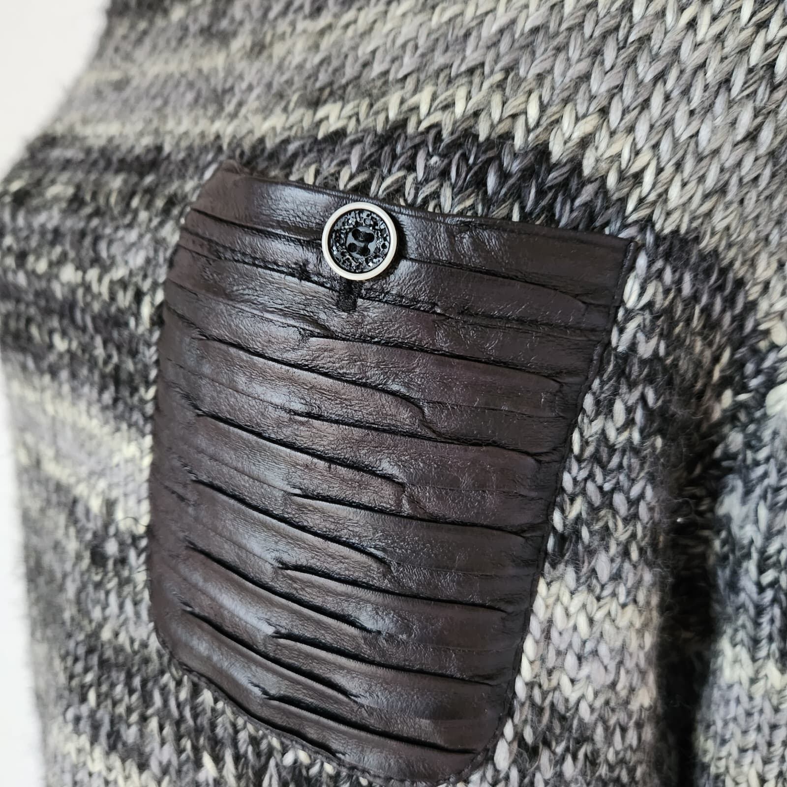 Anerkjendt Denmark Wool Blend Crew Neck Sweater Leather Pocket Grey Black Men L - Thumbnail 4