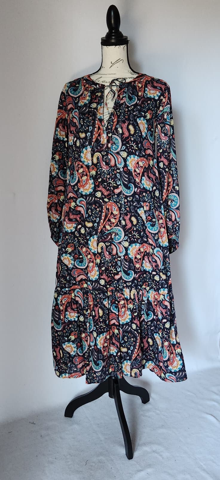 Loft Women's S Shimmer Paisley Tiered Boho Midi Dress Long Sleeve Multicolor - Thumbnail 2