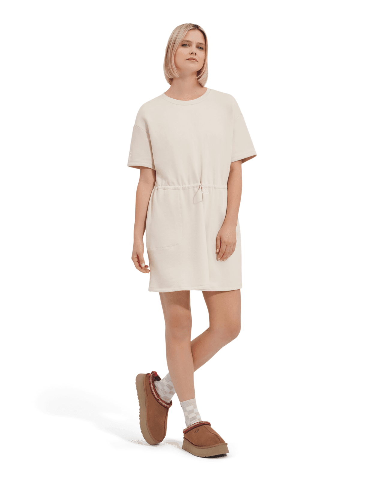 UGG Anisha Mini Dress Short Sleeve Waist-Bungee Cord Terry Knit Beige Bust 44"/L - Thumbnail 6