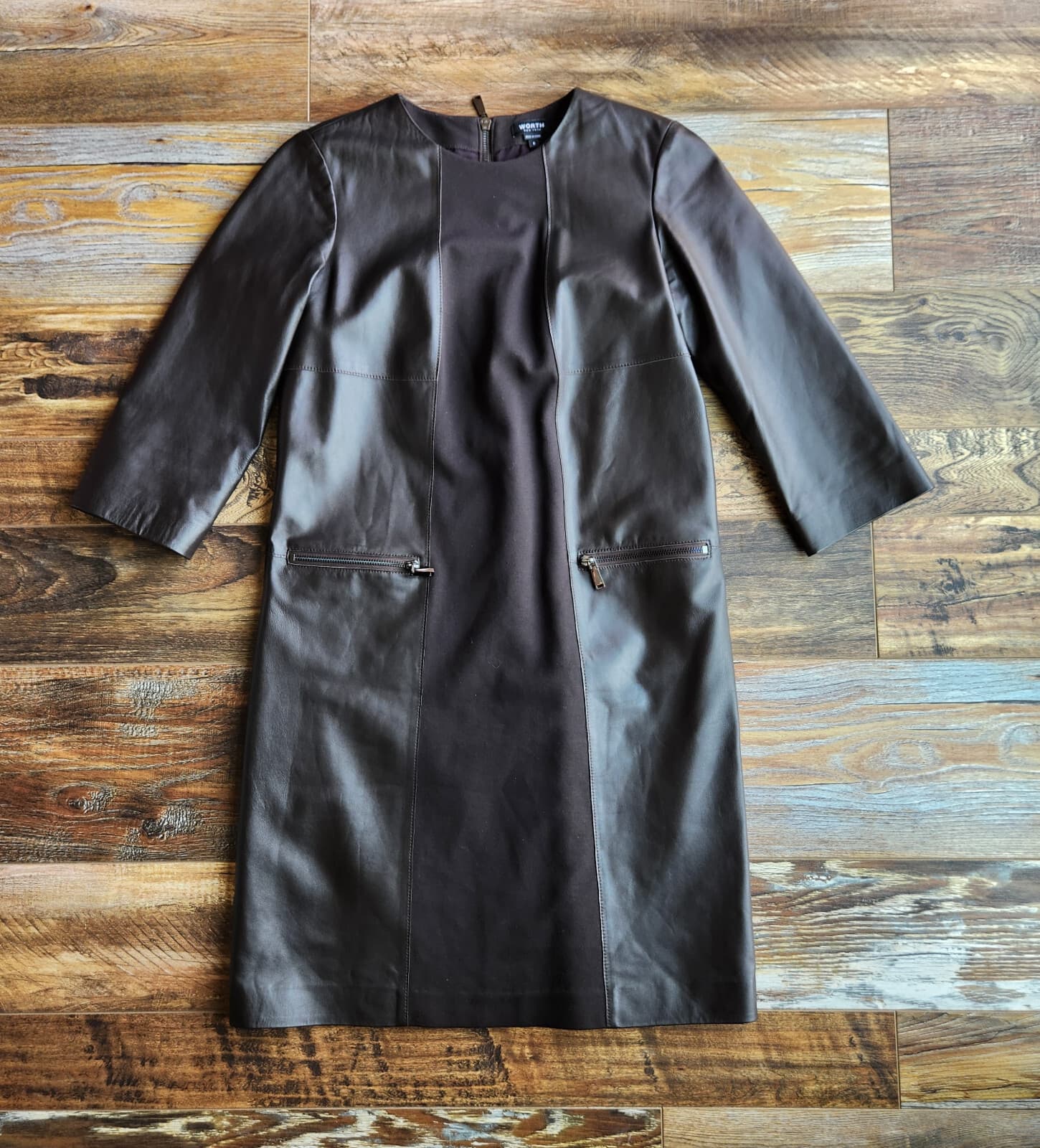 WORTH New York Genuine Leather Ponte Shift Dress 3/4 Sleeve Pocket Brown Size 6 - Thumbnail 4