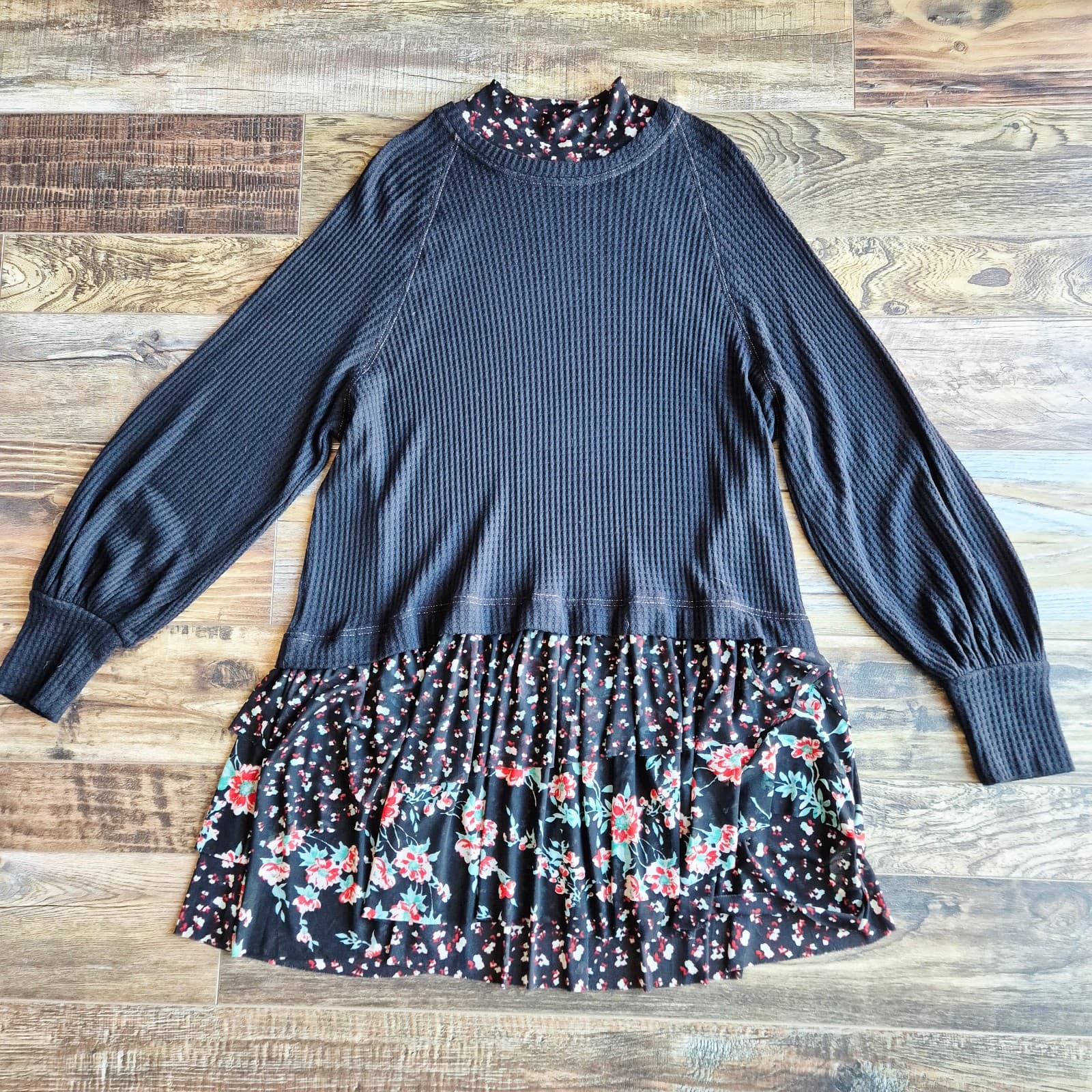 Free People Opposites Attract Mini Dress Long Sleeve Floral Mesh-Hem Black Sz.L - Thumbnail 5