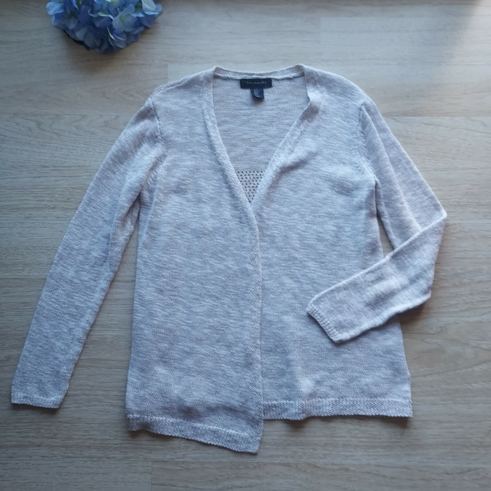 Tahari Linen Blend Knit Open Front Cardigan Long Sleeve Beige-Brown Women Medium - Thumbnail 3