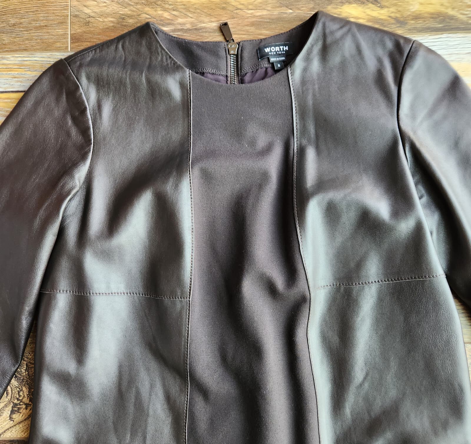 WORTH New York Genuine Leather Ponte Shift Dress 3/4 Sleeve Pocket Brown Size 6 - Thumbnail 5
