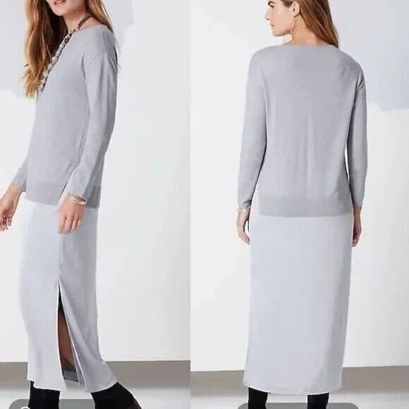 NWT J.Jill Wearever Collection Maxi Sweater Dress Mix Media Knit Satin Grey Sz.M - Thumbnail 3
