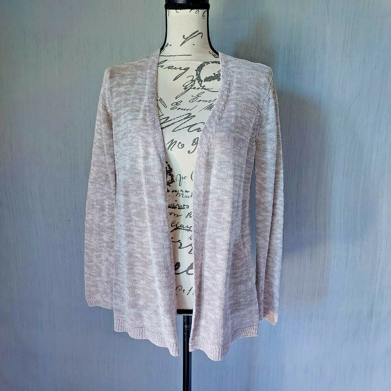 Tahari Linen Blend Knit Open Front Cardigan Long Sleeve Beige-Brown Women Medium