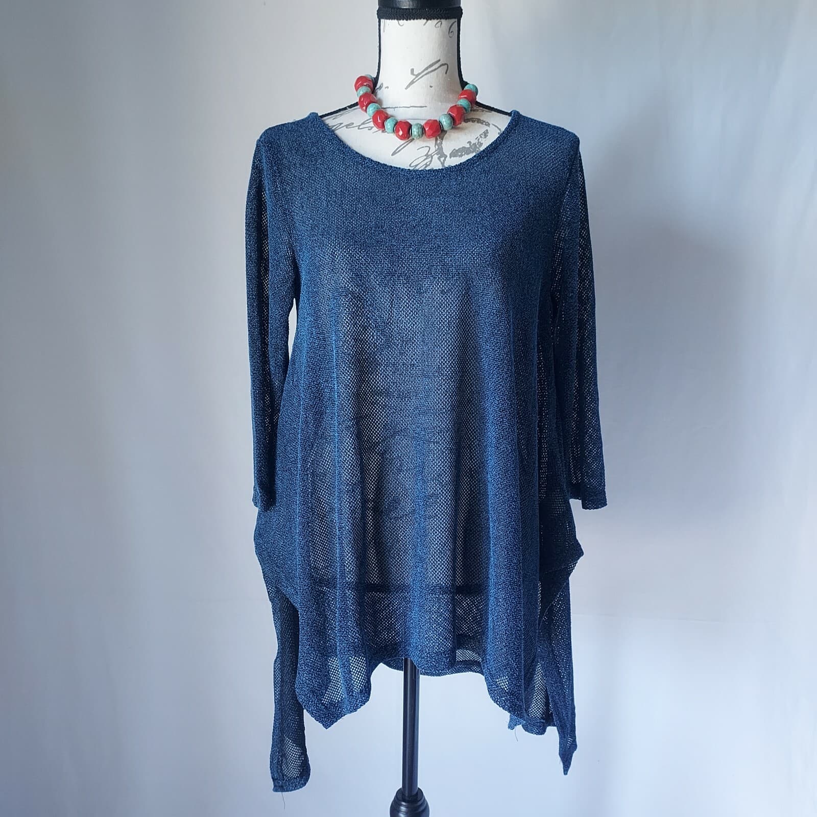 NWT Umgee Knit-Mesh Tunic Top Hi-Lo Long Sleeve Navy Blue Cotton Blend Women M - Thumbnail 2