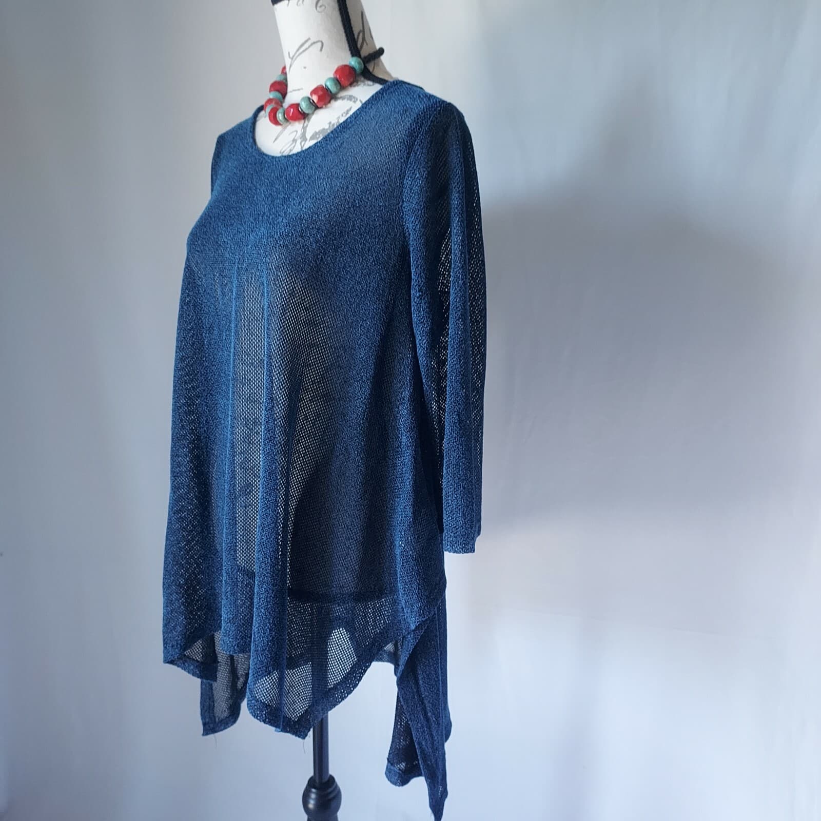 NWT Umgee Knit-Mesh Tunic Top Hi-Lo Long Sleeve Navy Blue Cotton Blend Women M - Thumbnail 4