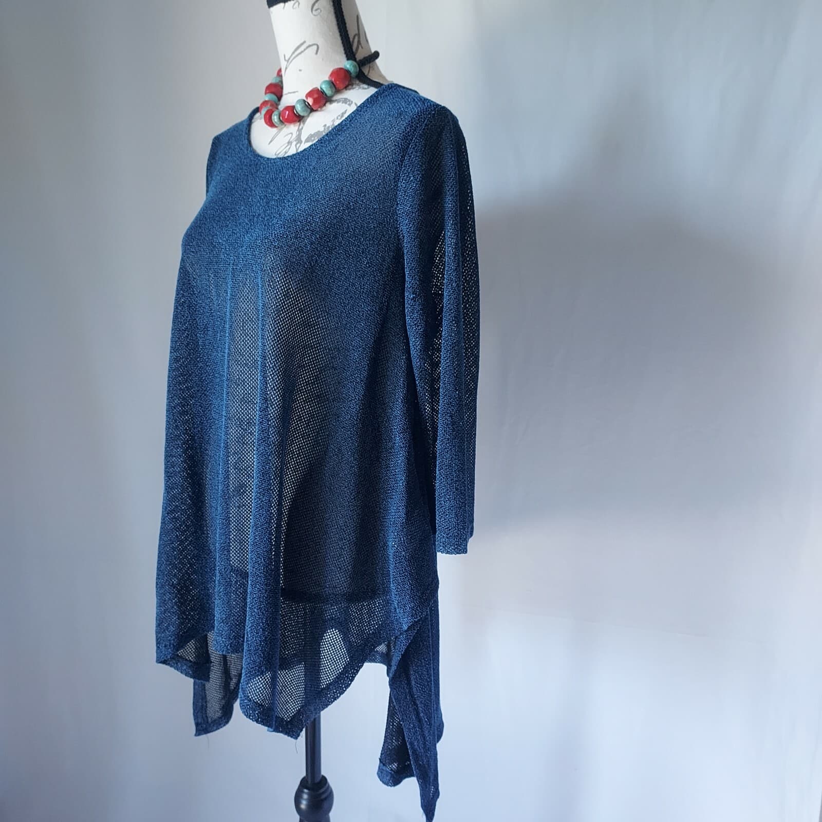 NWT Umgee Knit-Mesh Tunic Top Hi-Lo Long Sleeve Navy Blue Cotton Blend Women M - Thumbnail 5