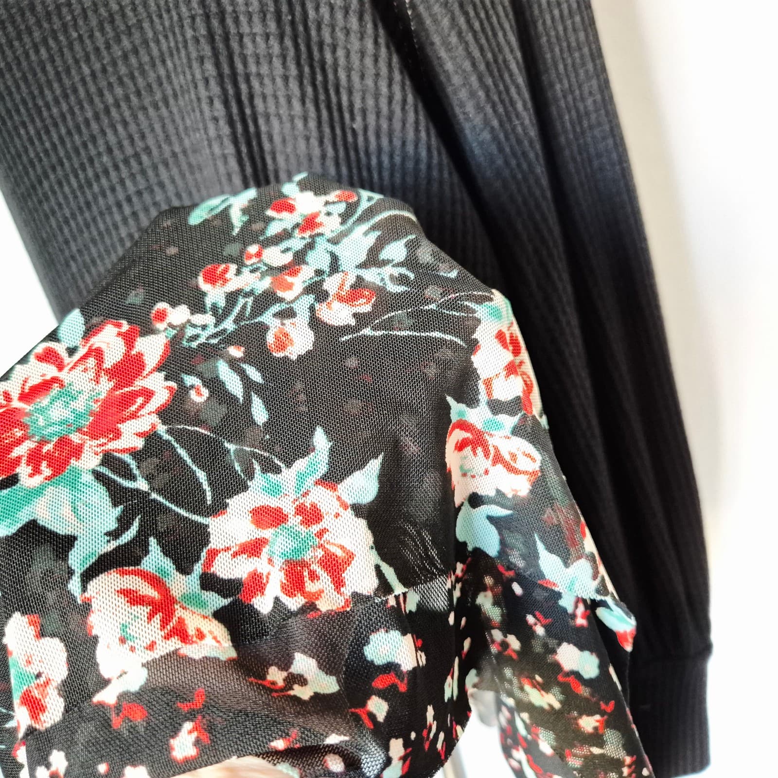 Free People Opposites Attract Mini Dress Long Sleeve Floral Mesh-Hem Black Sz.L - Thumbnail 8