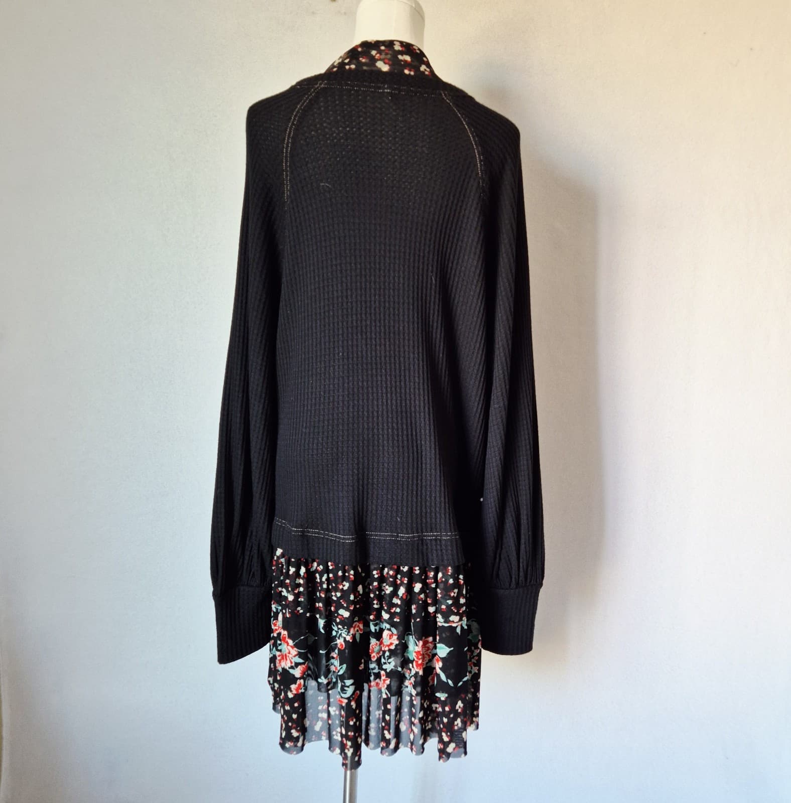 Free People Opposites Attract Mini Dress Long Sleeve Floral Mesh-Hem Black Sz.L - Thumbnail 9