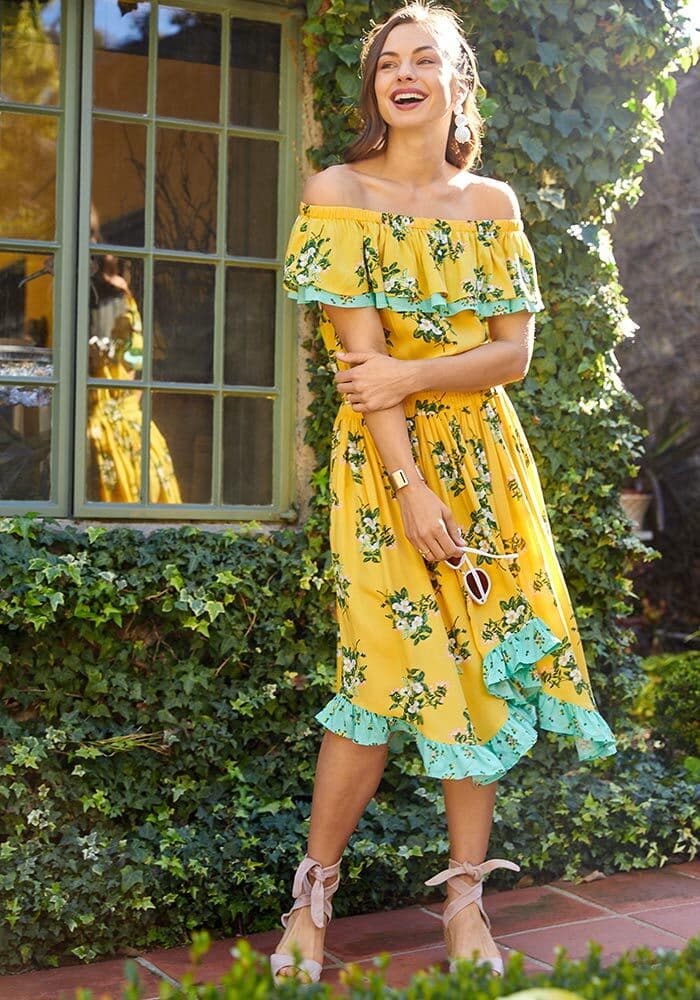 NWT Matilda Jane Hook On A Feeling Dress Rayon Off-Shoulder Floral Yellow Small - Thumbnail 2