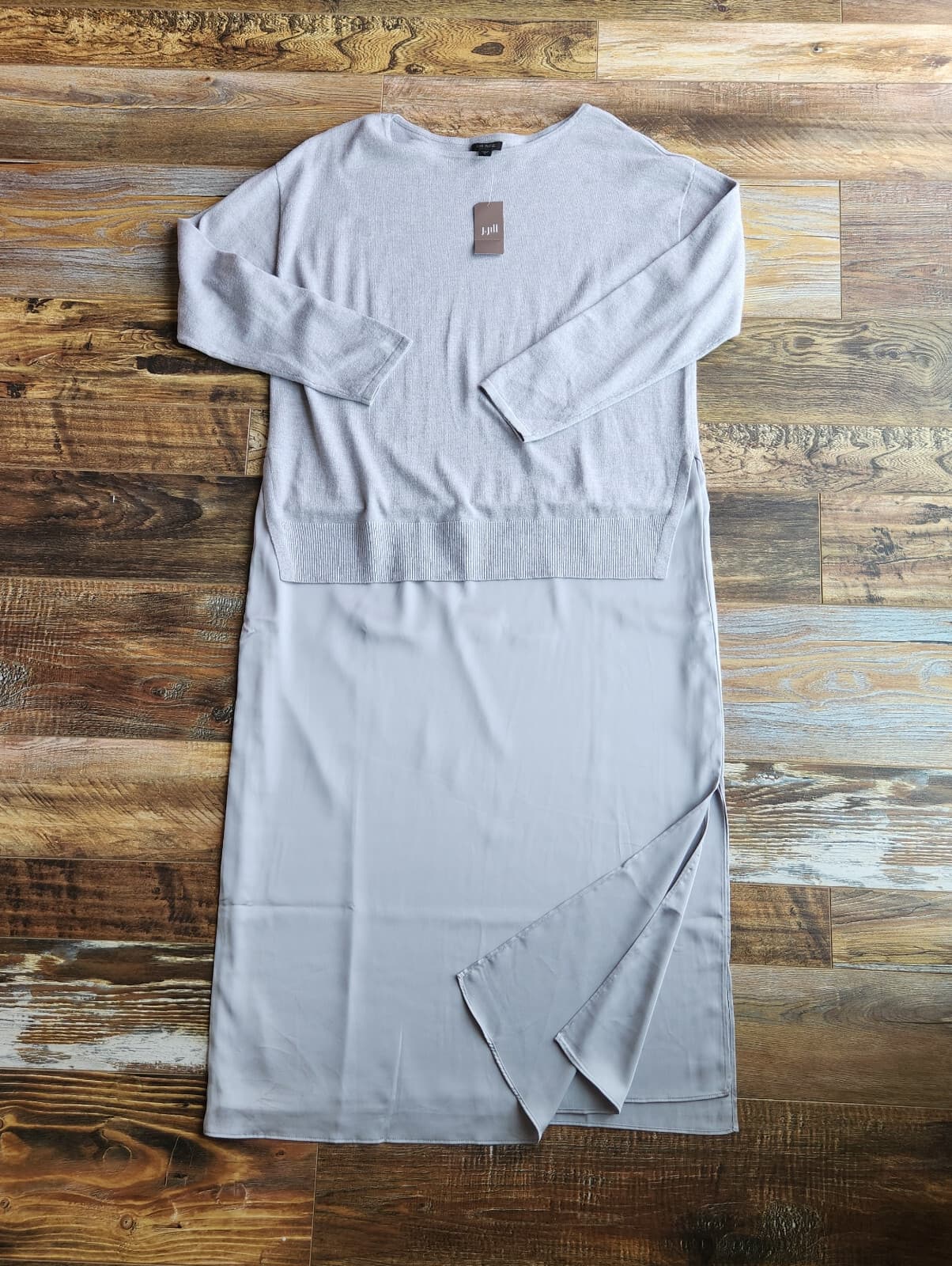 NWT J.Jill Wearever Collection Maxi Sweater Dress Mix Media Knit Satin Grey Sz.M - Thumbnail 4