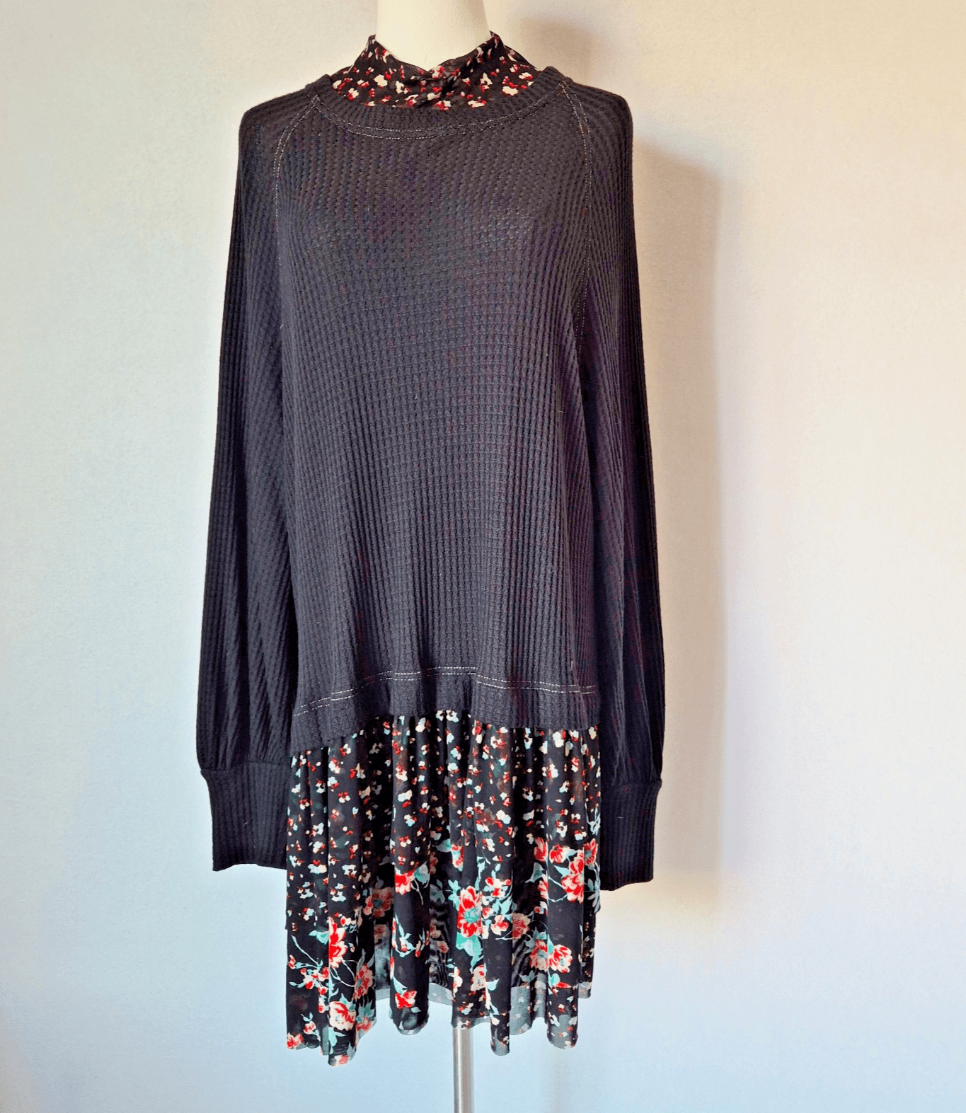 Free People Opposites Attract Mini Dress Long Sleeve Floral Mesh-Hem Black Sz.L - Thumbnail 3