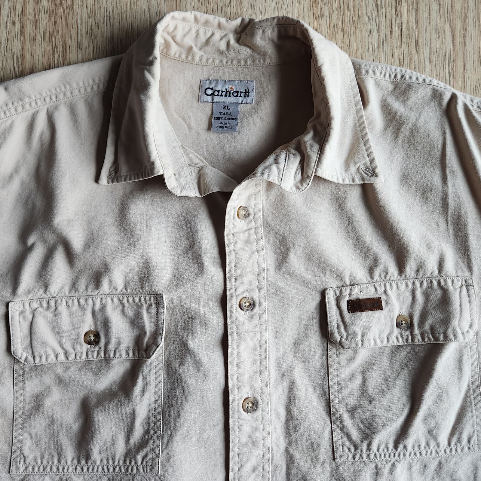 Vintage Charhartt 100% Cotton Button-Down Shirt Long Sleeve Beige Men's XL-Tall - Thumbnail 2