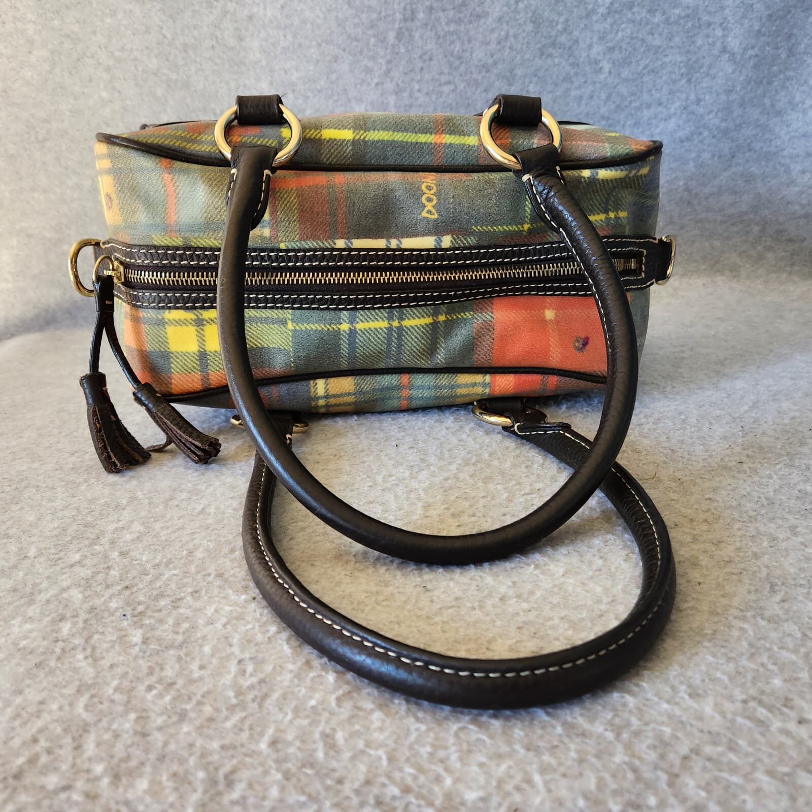 Dooney & Bourke Ladybug Multicolor Plaid Madras Black Leather Tassel Satchel Bag - Thumbnail 8