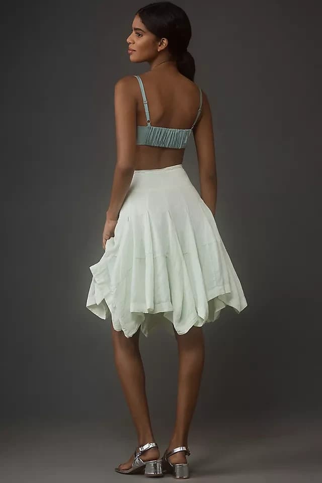 By Anthropologie 100% Linen Godet A-Line Skirt Zip Lined Light Green Women's L - Thumbnail 8