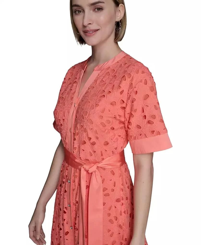 NWoT Karl Lagerfeld Cotton Eyelet Belted Midi Shirt Dress Button Orange Sz.12P - Thumbnail 4