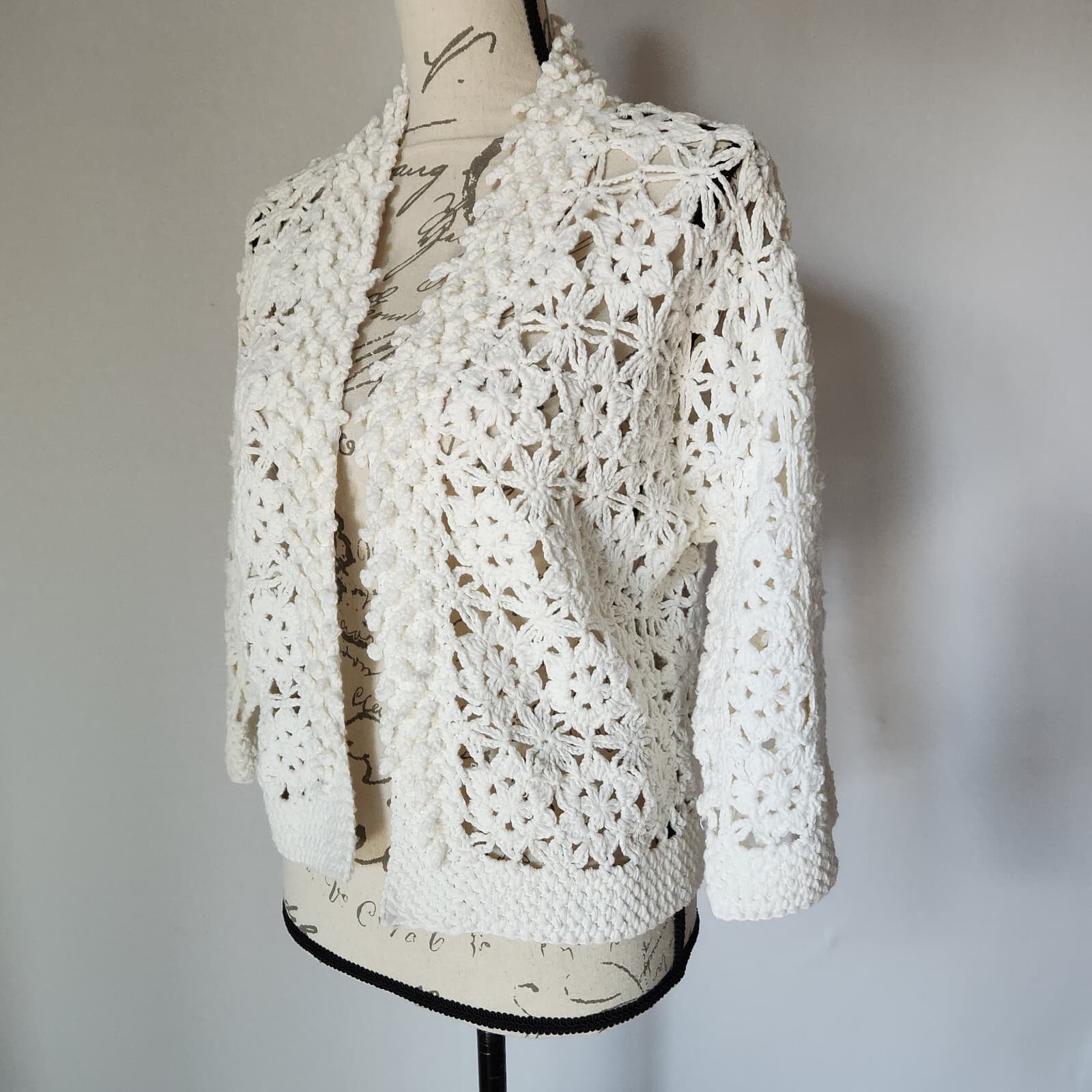 HAIKU Crochet Open Front Cardigan 3/4 Sleeve 100% Cotton White Women Sz.M - Thumbnail 2