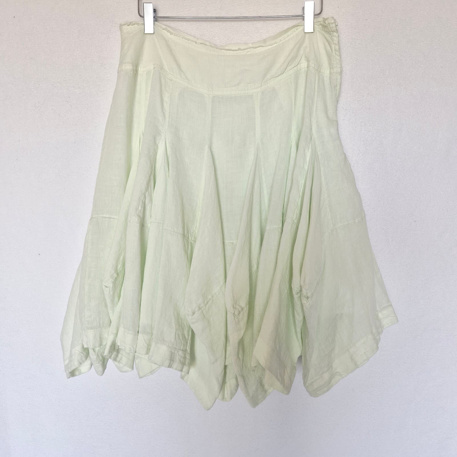 By Anthropologie 100% Linen Godet A-Line Skirt Zip Lined Light Green Women's L - Thumbnail 3