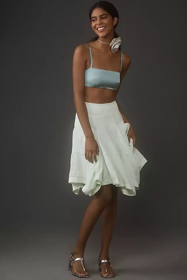 By Anthropologie 100% Linen Godet A-Line Skirt Zip Lined Light Green Women's L - Thumbnail 4