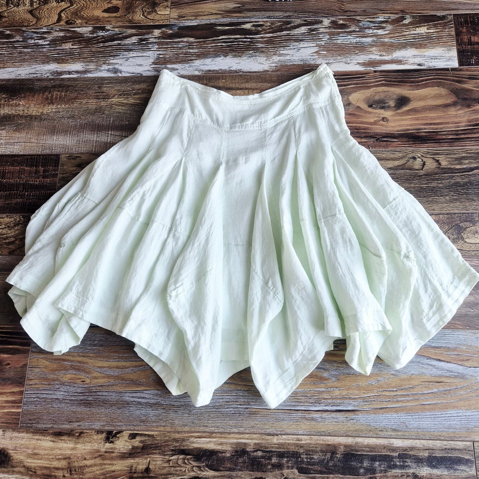 By Anthropologie 100% Linen Godet A-Line Skirt Zip Lined Light Green Women's L - Thumbnail 5