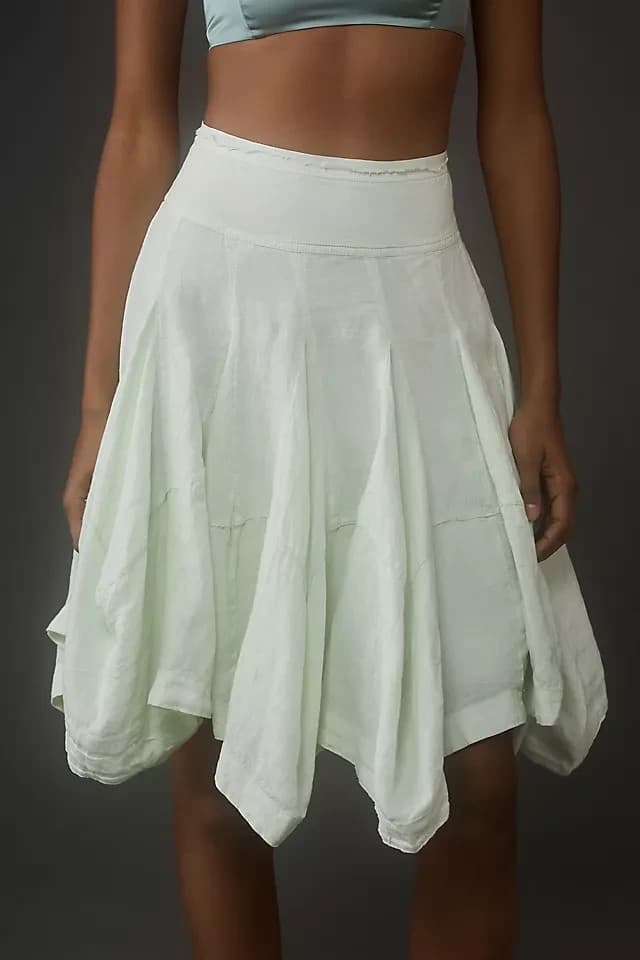 By Anthropologie 100% Linen Godet A-Line Skirt Zip Lined Light Green Women's L - Thumbnail 2